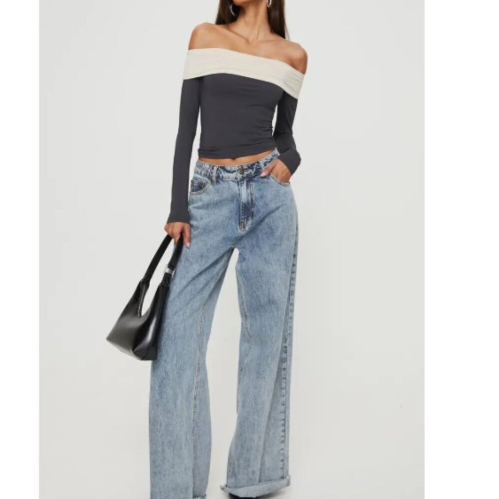Princess Polly Machado Off Shoulder Colorblock Top Gray Cream US 6 NWT